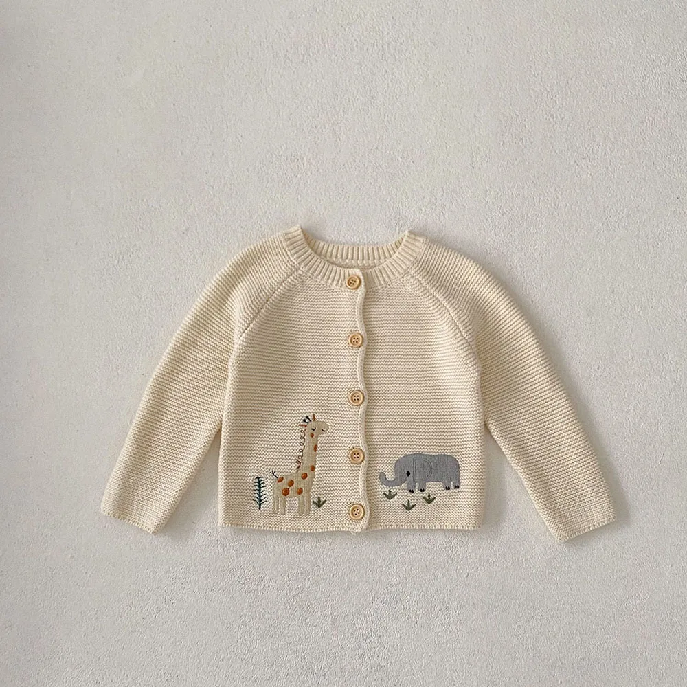 Color: Beige, Kid Size: 18M - 0-3 Y Autumn Baby Girls Clothes Animal Embroidery Sweaters Beige Knitwear O Neck Cardigans