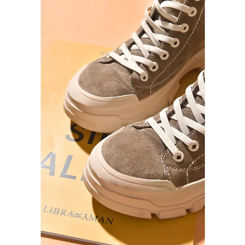Color: black, Shoe Size: 9.5 - BeauToday Casual Sneakers Women Suede Leather Round Toe Lace-Free High Top Ladies Retro Fashion Flat Shoes Handmade 29575