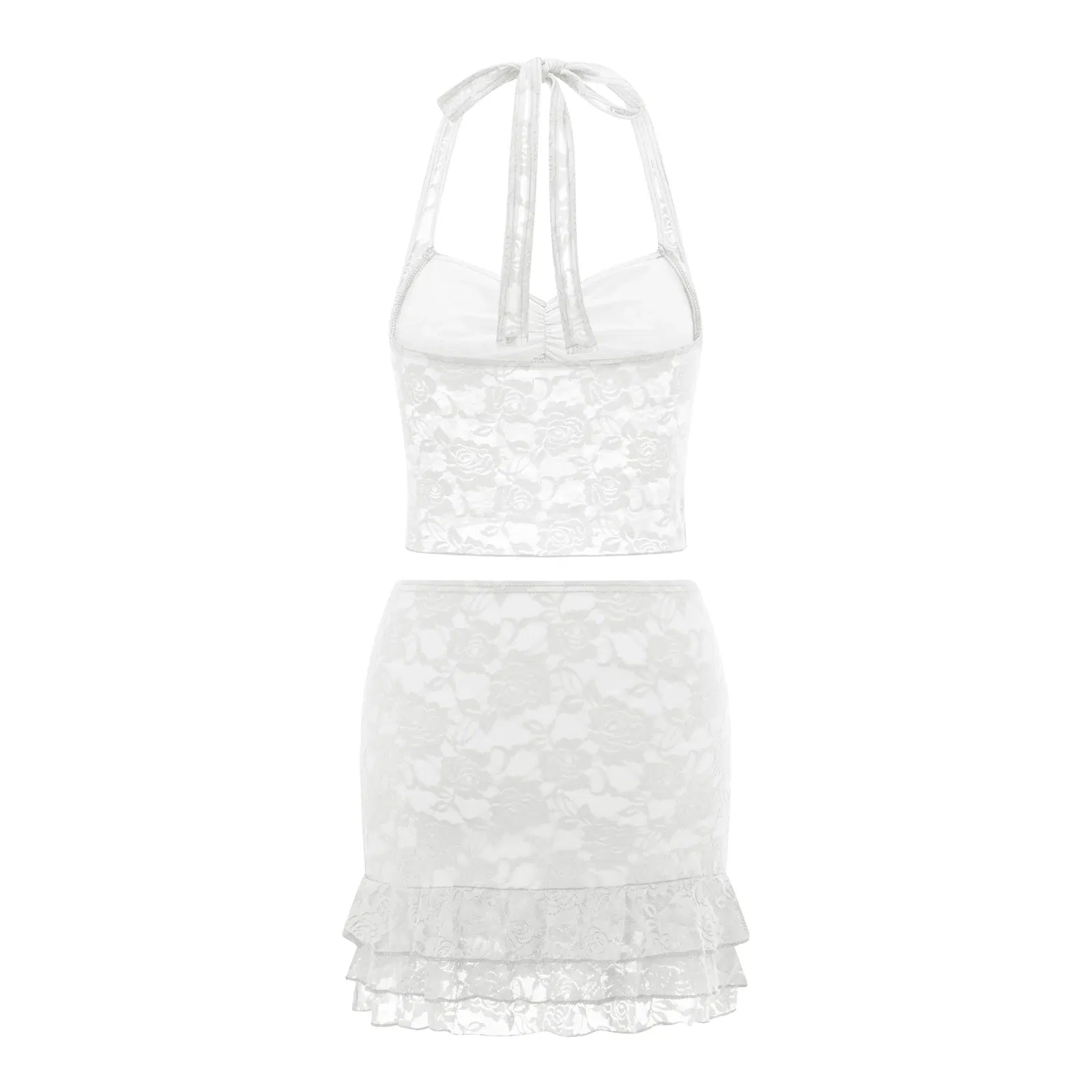 Color: WHITE, Size: M - Women Summer Skirts Outfits Sexy Tie-Up Halter Neck Sleeveless Backless Lace Tank Tops Mini Skirts 2 Pieces Clothes Set Club