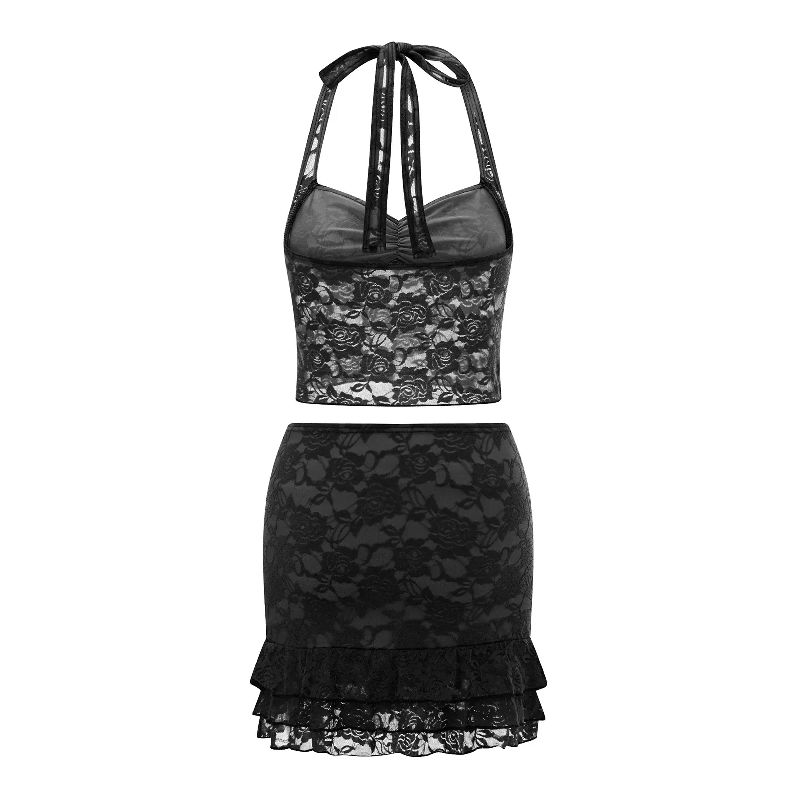 Color: WHITE, Size: M - Women Summer Skirts Outfits Sexy Tie-Up Halter Neck Sleeveless Backless Lace Tank Tops Mini Skirts 2 Pieces Clothes Set Club