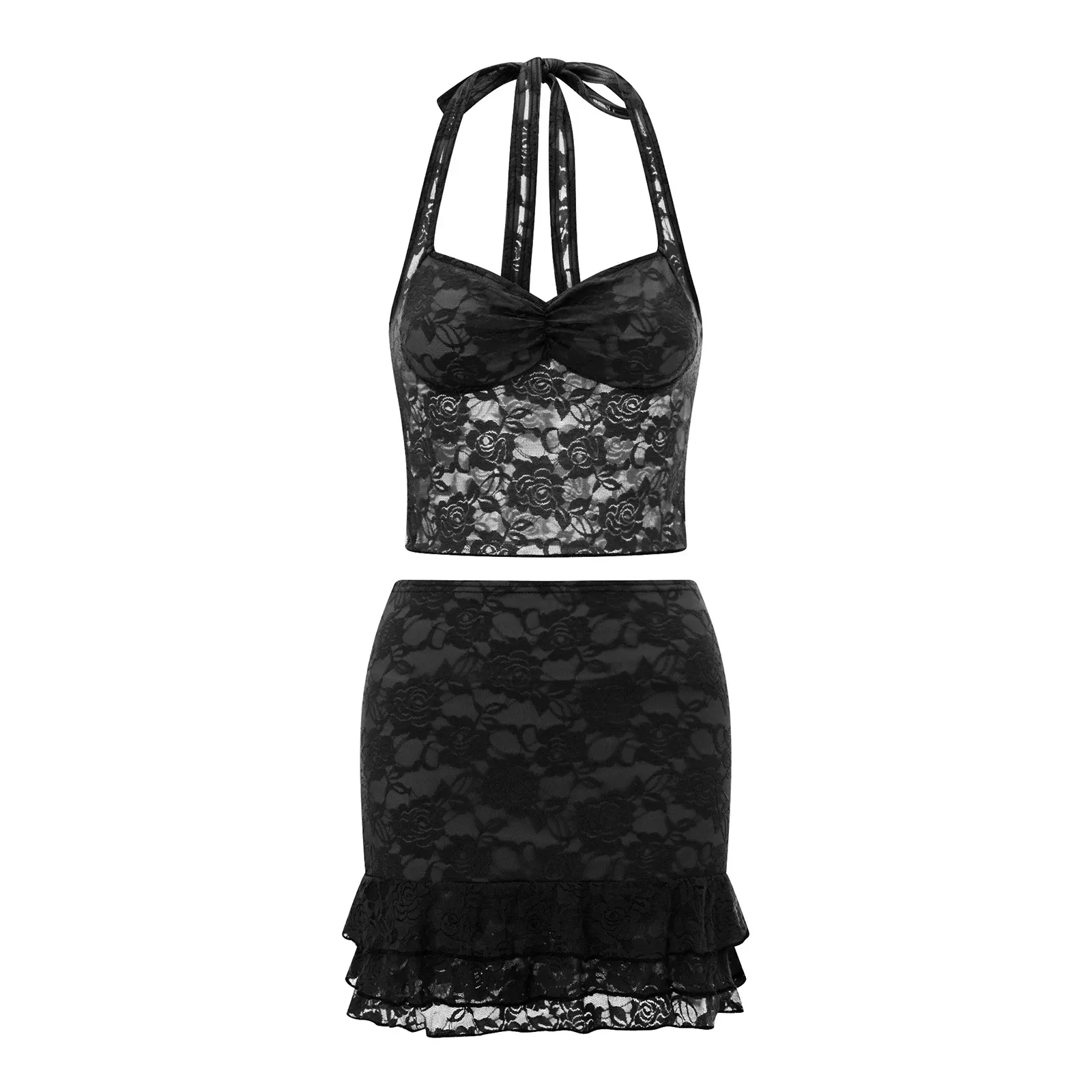 Color: WHITE, Size: M - Women Summer Skirts Outfits Sexy Tie-Up Halter Neck Sleeveless Backless Lace Tank Tops Mini Skirts 2 Pieces Clothes Set Club