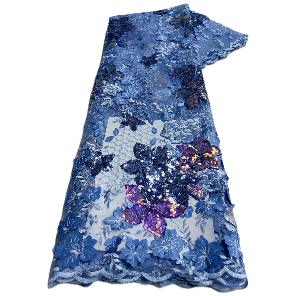 Color: PURPLE, length: 5 yards, Width: 120cm - African French Mesh Tulle Lace Fabric Nigerian Embroidey Fabrics Sequins High Quality 2025 For Sew Evening Dresses 5 yards