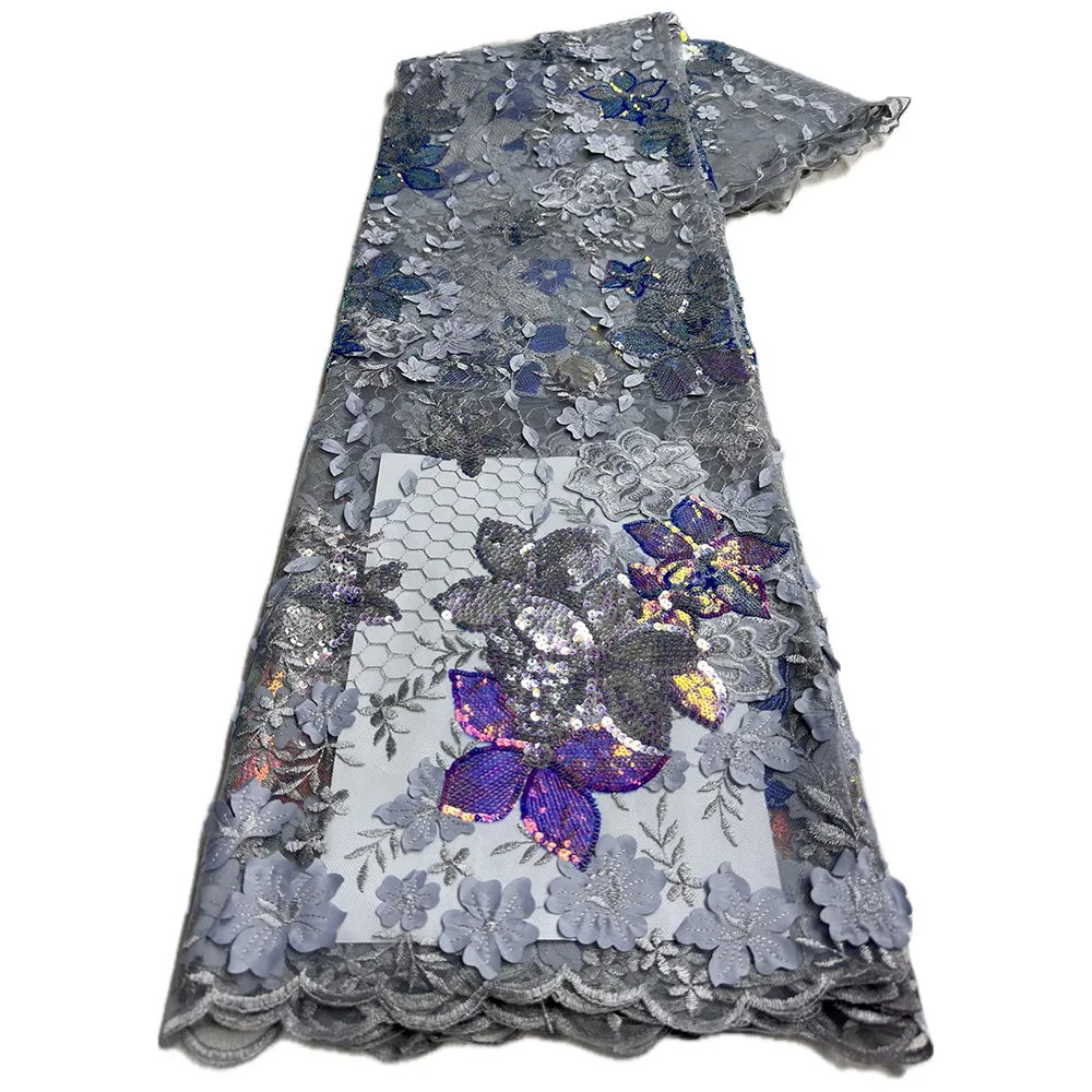 Color: PURPLE, length: 5 yards, Width: 120cm - African French Mesh Tulle Lace Fabric Nigerian Embroidey Fabrics Sequins High Quality 2025 For Sew Evening Dresses 5 yards