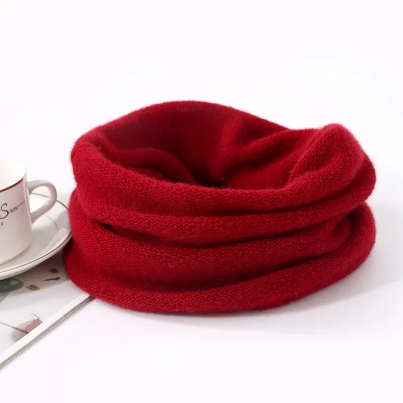 Color: wine red, Size: One Size - 100% Merio Wool Neck Warmer Women Winter Warm Fashion Hollow Out Cover Tube Scarf Ear Face Mask False Collar Autumn Headband