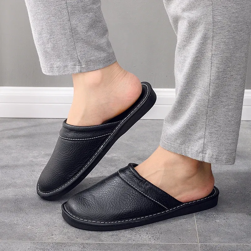 Color: Clear, Shoe Size: 4.5 - Mens Bedroom Leather Slippers Unisex Black Home Shoes Big Size 47 48 Man's Slippers Indoor Comfy Males Slides Family Flats Shoes