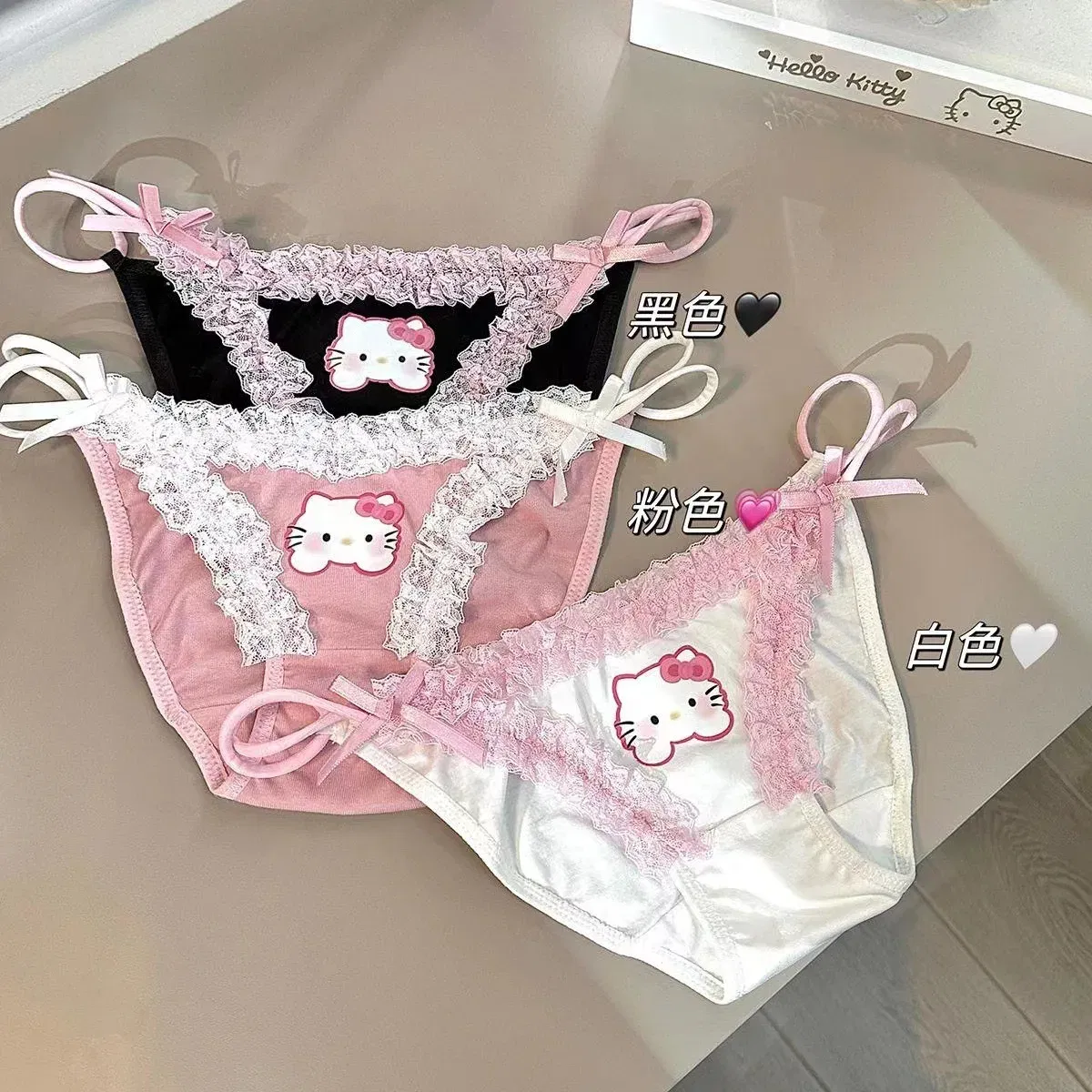 Color: black, Ships From: CHINA, Size: 40cm - 1/3Pcs Sanrio Hello Kitty Cartoon Sexy Women's Lace Panties Y2K Creative Sweet Girl Low Waist Hip Lift Panties Birthday Gift