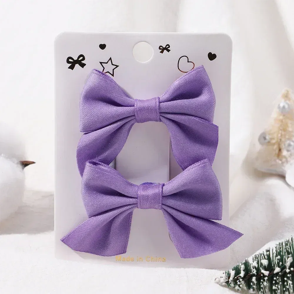 Color: Pink - 2Pcs/Set Solid Color Kids Bows Hair Clips for Baby Girls Handmade Plaid Bowknot Hairpin Barrettes Photograph Hair Accessories