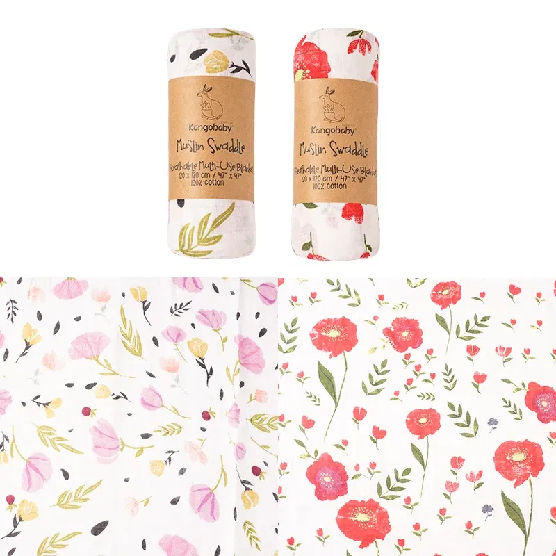Color: Red - Kangobaby New Design 2pcs Set Double Layers 100% Cotton Newborn Baby Muslin Swaddle Blanket