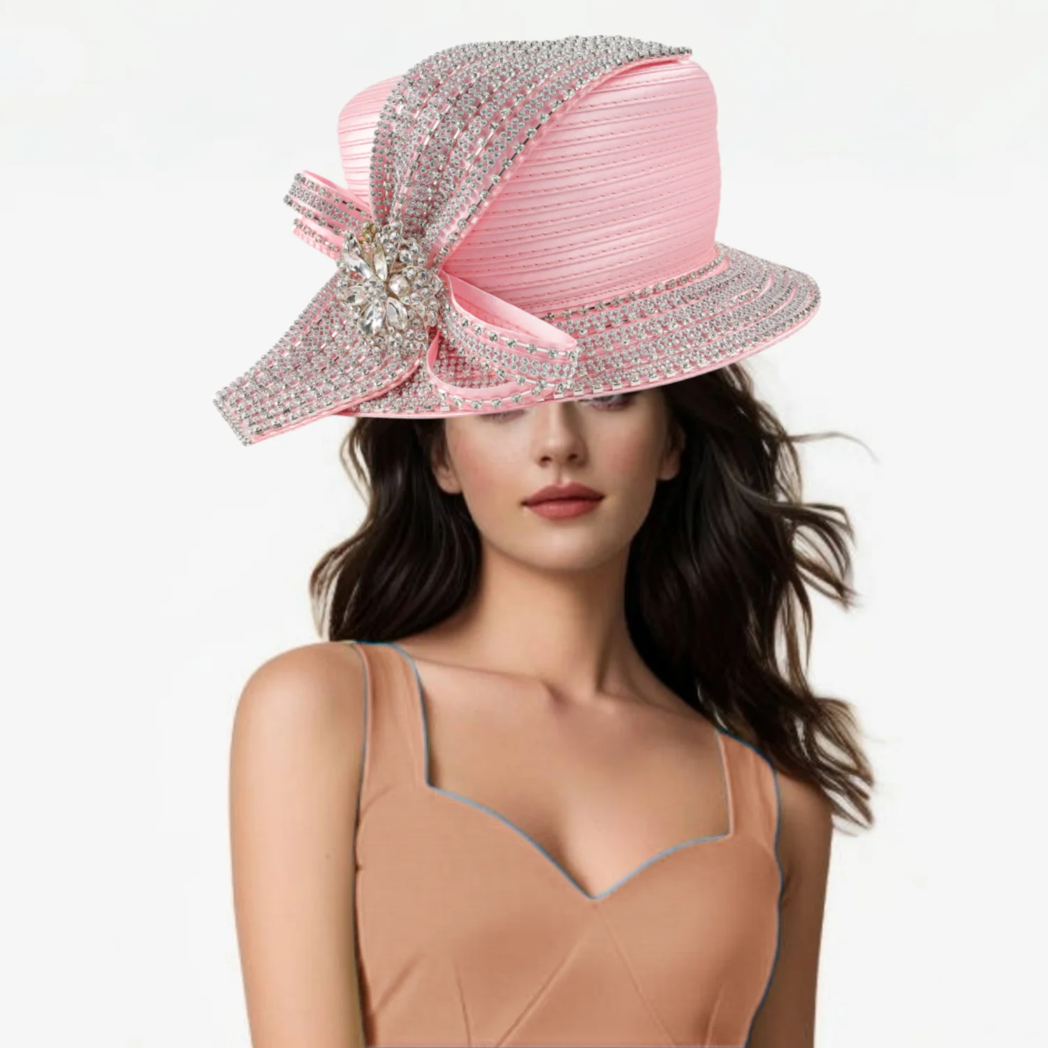 Color: Silver - Unique Satin Cloth Church Hat Perfect Photography Rhinestone Formal Top Hat Deluxe Banquet Flower Wedding Hat Female Fascinator