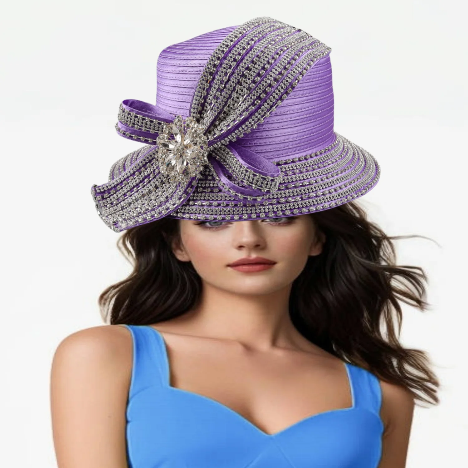 Color: Silver - Unique Satin Cloth Church Hat Perfect Photography Rhinestone Formal Top Hat Deluxe Banquet Flower Wedding Hat Female Fascinator