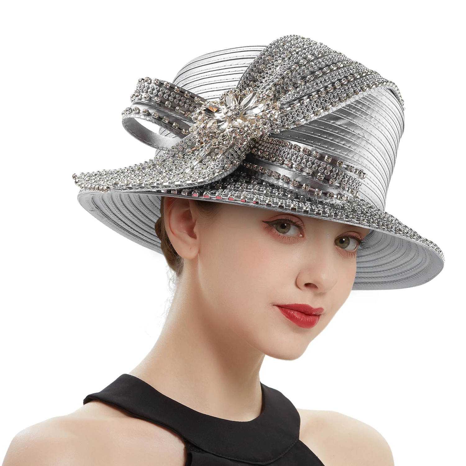 Color: Silver - Unique Satin Cloth Church Hat Perfect Photography Rhinestone Formal Top Hat Deluxe Banquet Flower Wedding Hat Female Fascinator