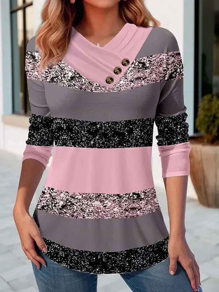 Color: Blue, Size: S - Autumn Striped Color Pullover Sweater Women Casual Fashion Slim Tees T-Shirt Long Sleeve v Neck Button Ladies Tops Blouse