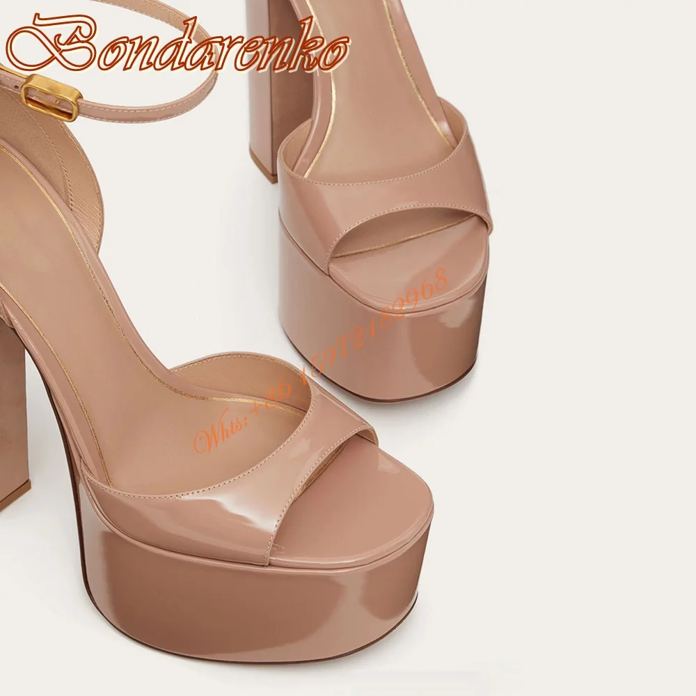 Peep Toe Solid Patent Sandals Platform Chunky High Heels Design Women Shoes Ankle Buckles Super Heel Sandals Summer Party Dress