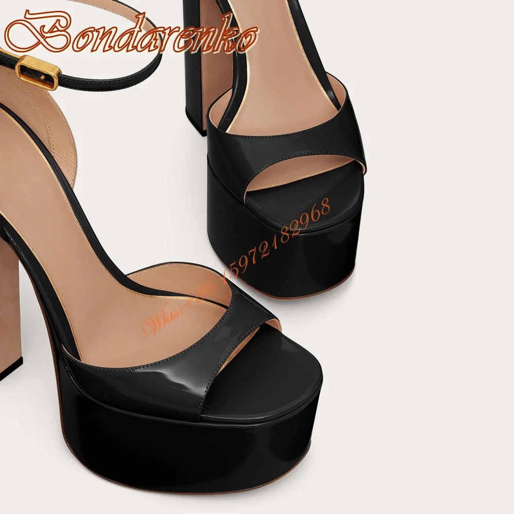 Peep Toe Solid Patent Sandals Platform Chunky High Heels Design Women Shoes Ankle Buckles Super Heel Sandals Summer Party Dress