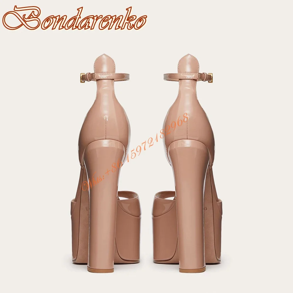 Peep Toe Solid Patent Sandals Platform Chunky High Heels Design Women Shoes Ankle Buckles Super Heel Sandals Summer Party Dress