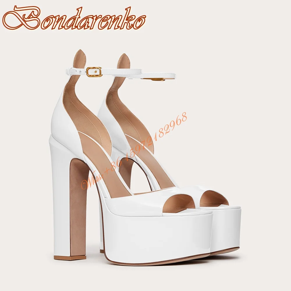 Peep Toe Solid Patent Sandals Platform Chunky High Heels Design Women Shoes Ankle Buckles Super Heel Sandals Summer Party Dress