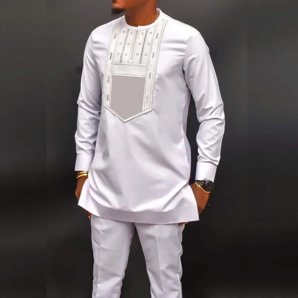 Color: Beige, Size: L - 2025 New men's suit, white pocket, 2-piece set, luxury wedding casual suit, traditional African style of ethnic minorities