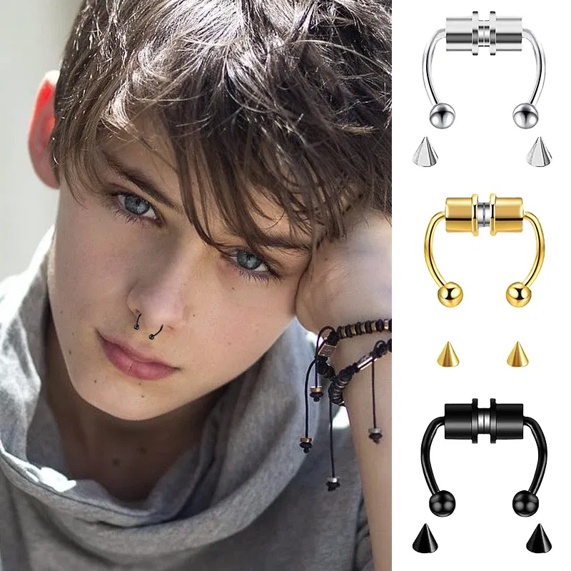 Metal color: Platinum Plated - Women Fake Piercing Nose Ring Hoop Septum Non Piercing Nose Clip Rock HipHoop Stainless Steel Magnet Fashion Punk Body Jewelry