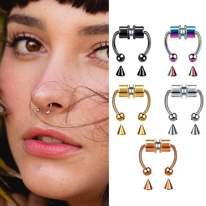 Metal color: Platinum Plated - Women Fake Piercing Nose Ring Hoop Septum Non Piercing Nose Clip Rock HipHoop Stainless Steel Magnet Fashion Punk Body Jewelry