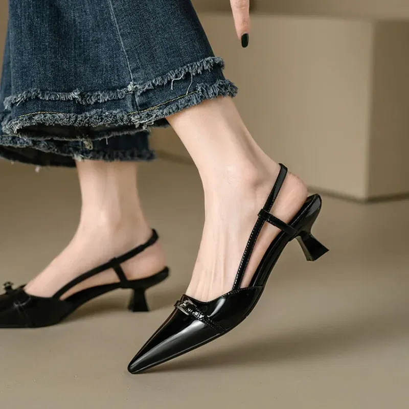 Color: Beige, Shoe Size: 37 - 2024 New Summer Women's Dress Shoes Patent Leather Slip on Pointed Toe Sandals Buckle Slingbacks Mid Heels Pumps Sandalias Mujer