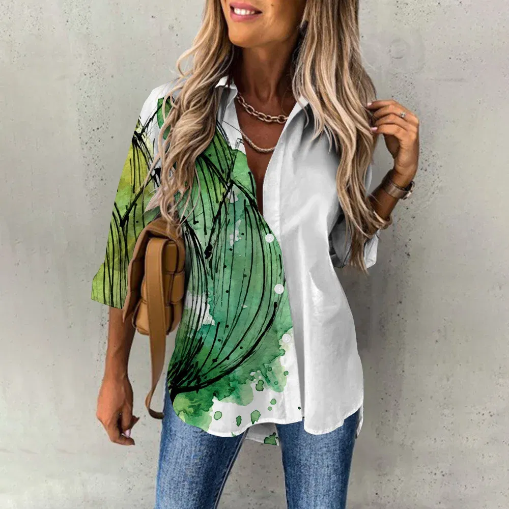 Color: SKY BLUE, Size: XXXL - Ladies Long Sleeved Shirt Vacation Style Coconut Tree 3D Digital Printed Button Up Collar Loose Casual Ladies Blouse 2024 Autumn