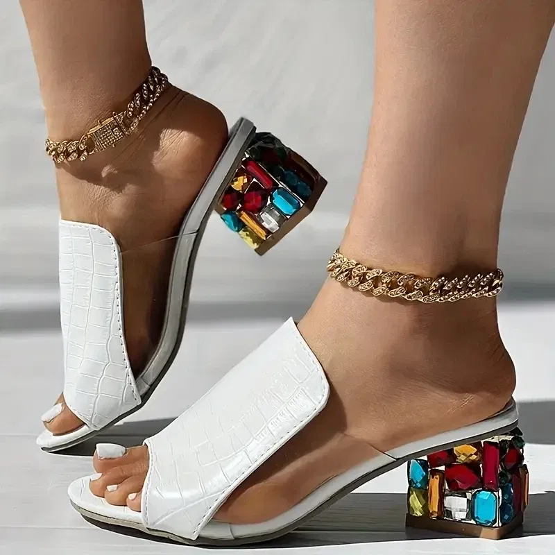 Color: WHITE, Shoe Size: 35 - Women Crystal Sandals 2024 New Spring Summer Open Toe Sandals Square Heels Beach Fashion Sandals Women Sandalias De Mujer