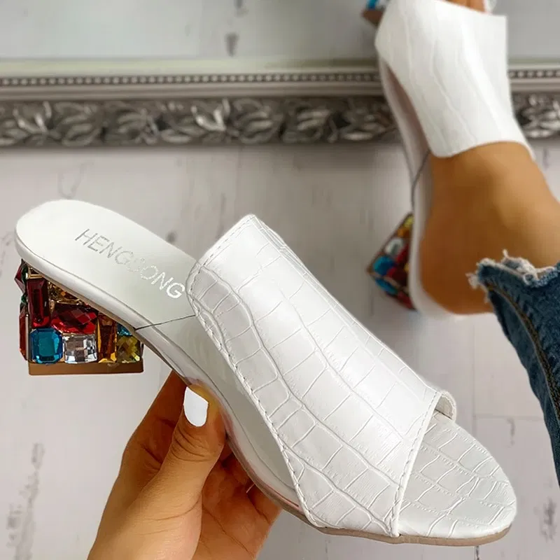 Color: WHITE, Shoe Size: 35 - Women Crystal Sandals 2024 New Spring Summer Open Toe Sandals Square Heels Beach Fashion Sandals Women Sandalias De Mujer