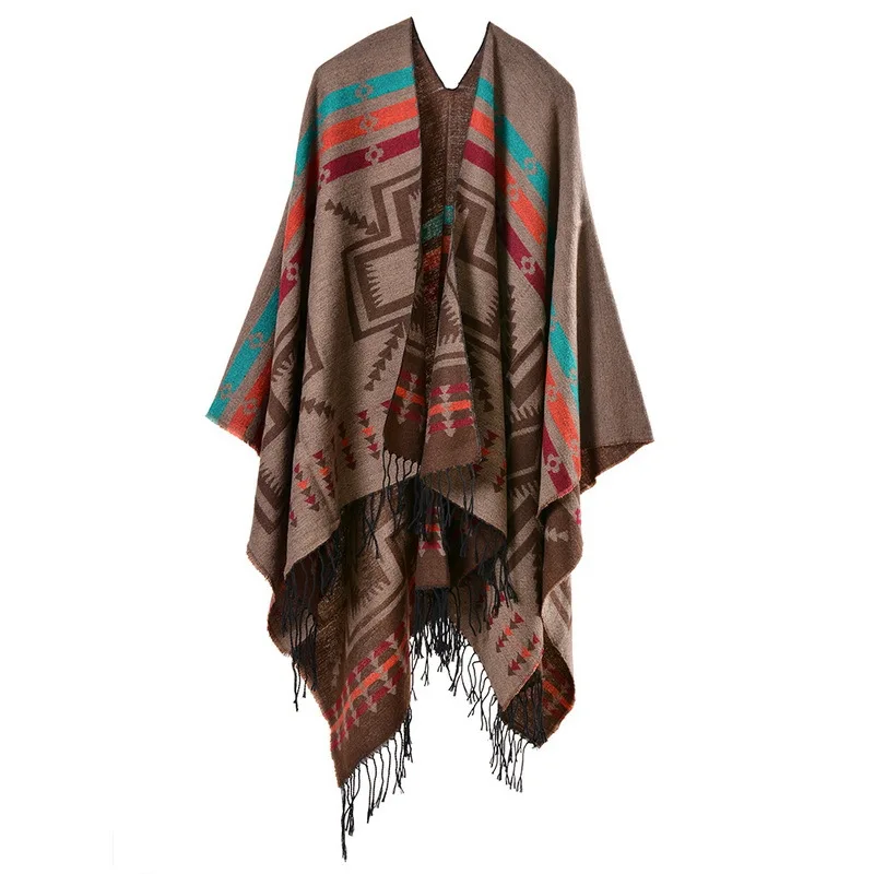 Color: army green, Size: One Size, Ships From: CHINA - European American Popular Tassel Thickened Cashmere Like National Style Travel Fork Shawl Scarf in autumn Ponchos Capes