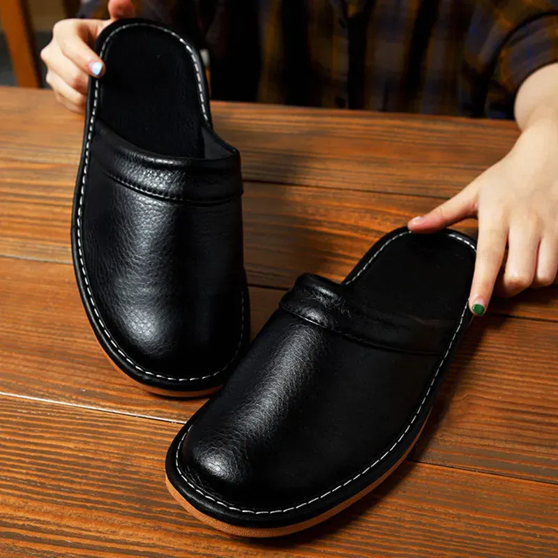 Color: Beige, Shoe Size: 5.5 - Mens Bedroom Leather Slippers Unisex Black Home Shoes Big Size 47 48 Man's Slippers Indoor Comfy Males Slides Family Flats Shoes