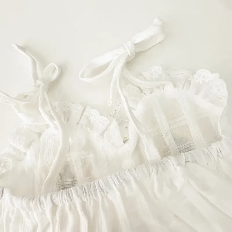 Color: Beige, Ships From: CN, Kid Size: 12M - 2025 Summer Charming Sleeveless Bow Tie Flower Embroidered Infant Newborn Girls One Piece Bodysuits Soft Baby Girl Lace Jumpsuit