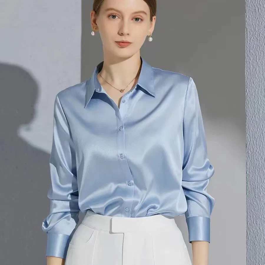 Color: Blue, Size: XXL - All-match Satin Finish Shirts And Blouses Women Clothing Casual Top OL Long Sleeve Button Elegant Shirts French Solid Blouses