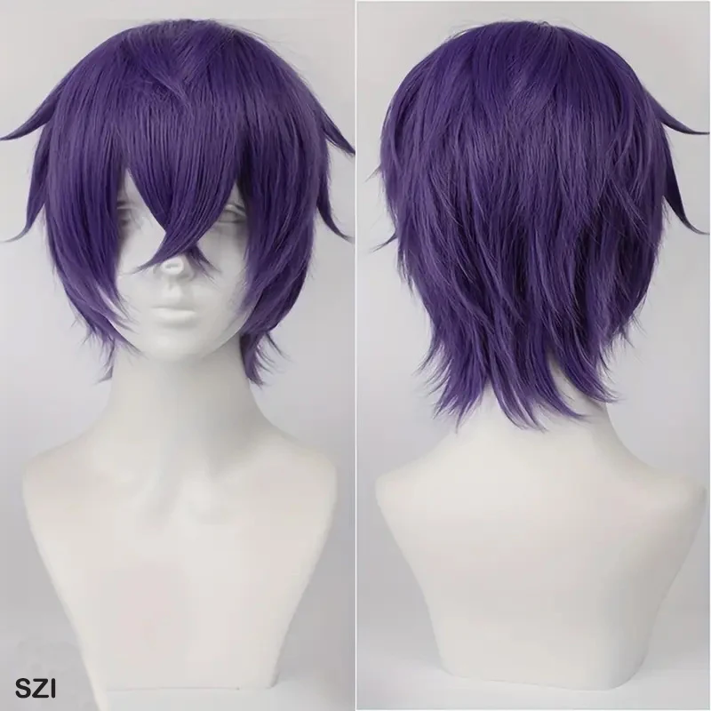 Color: PURPLE, Stretched Length: 12inches - Unisex Short Bob Cosplay Wig with Bangs | Blonde Purple Gray Color | Halloween Party Lolita Costume Wig