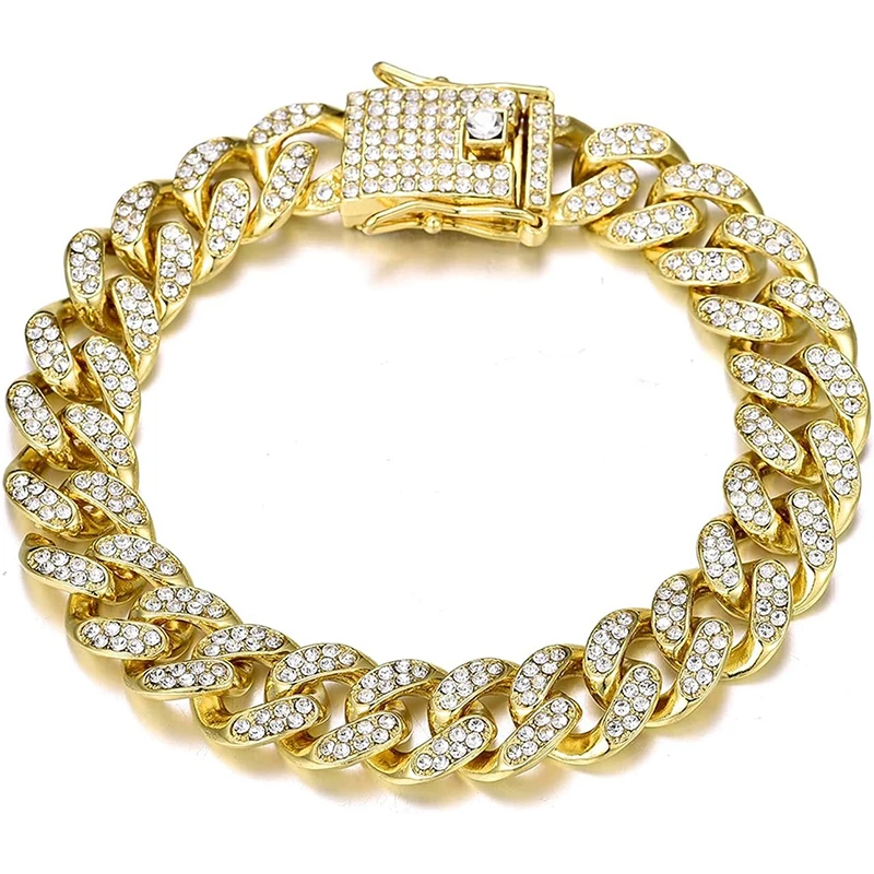 Metal Color: Light Yellow Gold Color, Length: 35cm - Men Women Hip hop Iced Out Bling Chain Necklace High quality 13mm width Miami Cuban Chain HipHop Necklaces Fashion Jewelry