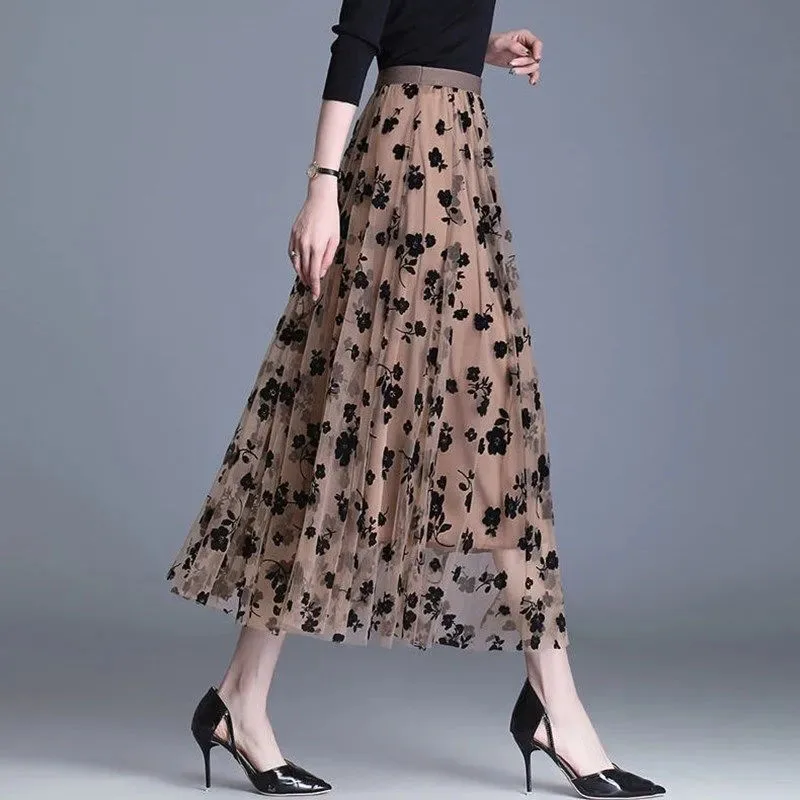 Color: ROYAL BLUE, Size: S - GIDYQ Korean Women Mesh Skirt Fashion Hook Flower Loose Midi Skirt Elegant Female Casual All Match Skirts Summer New