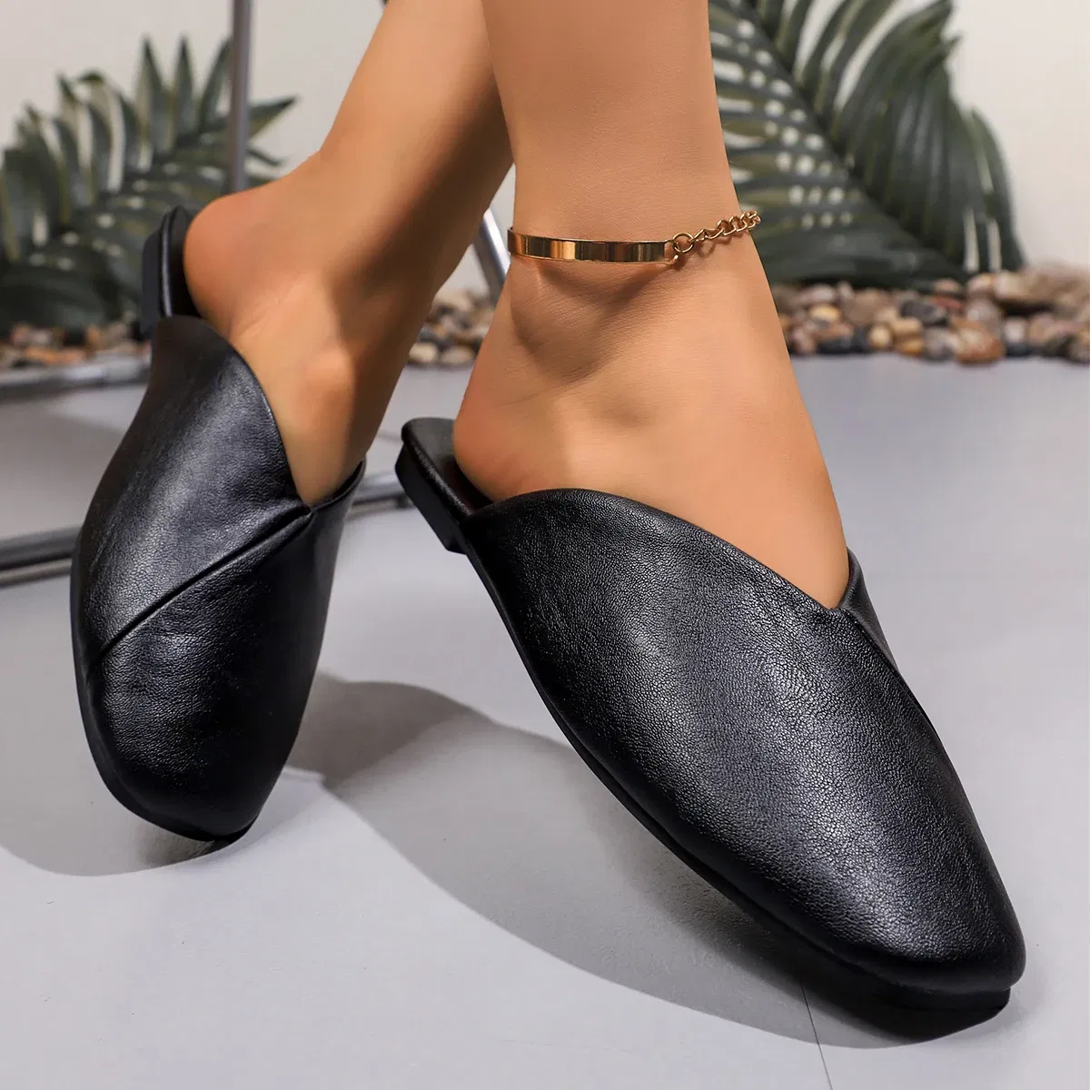 Color: Beige, Shoe Size: 41 - Fashion Slip on Mules Big Size 43 Flat Slippers 2024 Summer Women Flat Casual Outdoor Square Toe Shoes Ladies Slippers