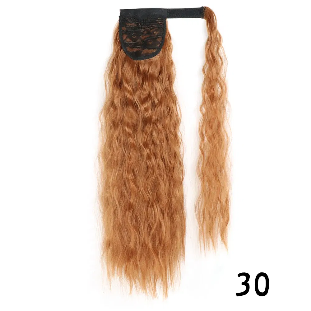 Color: Bug, Stretched Length: 22inches - Synthetic Long Corn Wavy Ponytail Hairpiece Wrap on Hair Clip Ombre Brown Blonde Hair Extensions Pony Tail