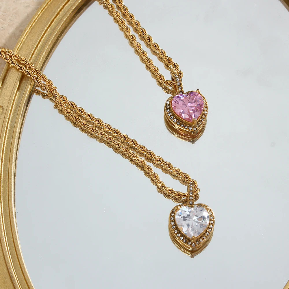 Metal Color: cobalt violet - 2022 New Stainless Steel PVD Plating Heart Shape AAA Cubic Zircon Stone Pendant Necklace Ladies Party Christmas Jewelry Gift
