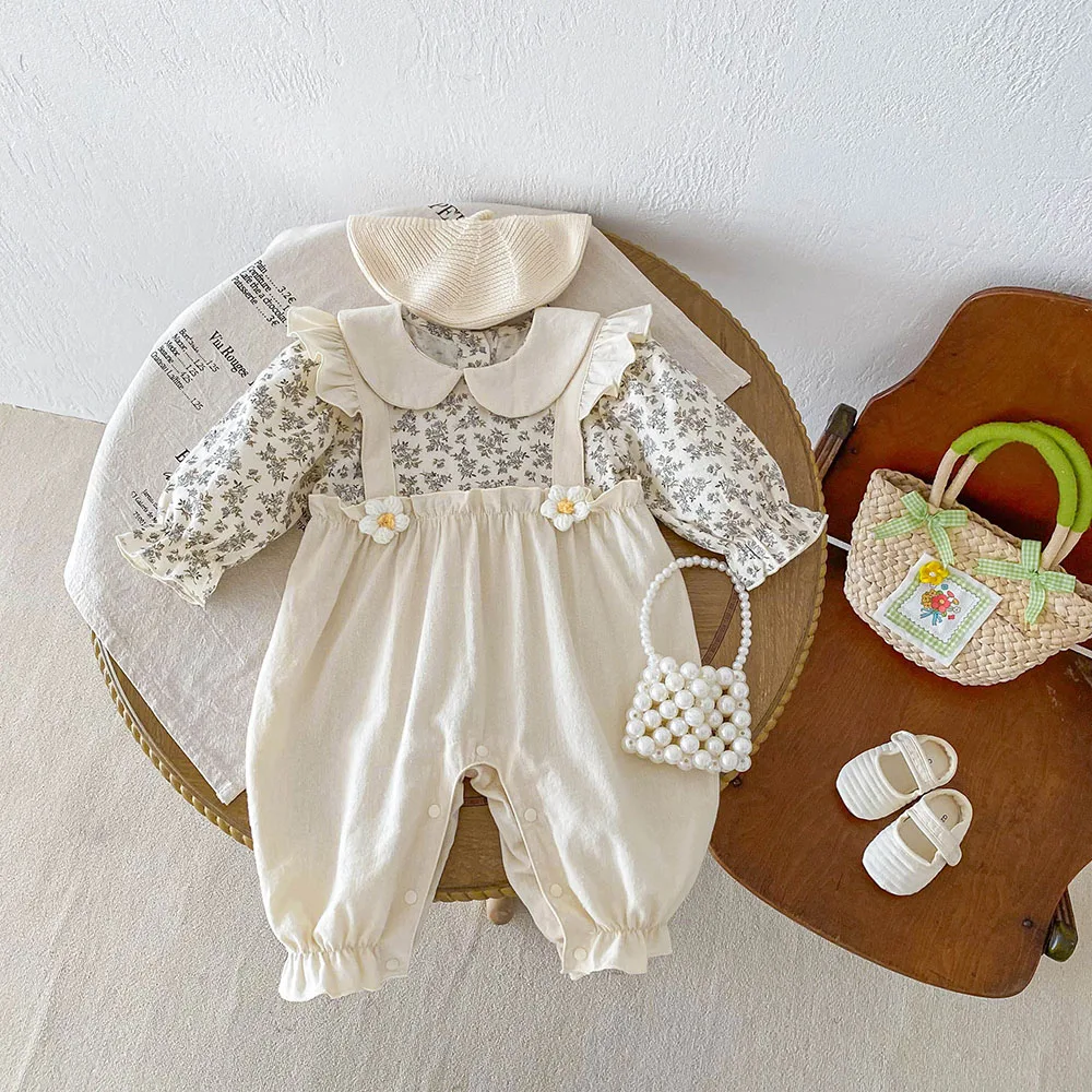 Color: Beige, Kid Size: 9M - 0-2Y Autumn Baby Girls Clothes Pure Cotton Infant Girls Rompers Floral Jumpsuits Peter Pan Collar Baby Outfit