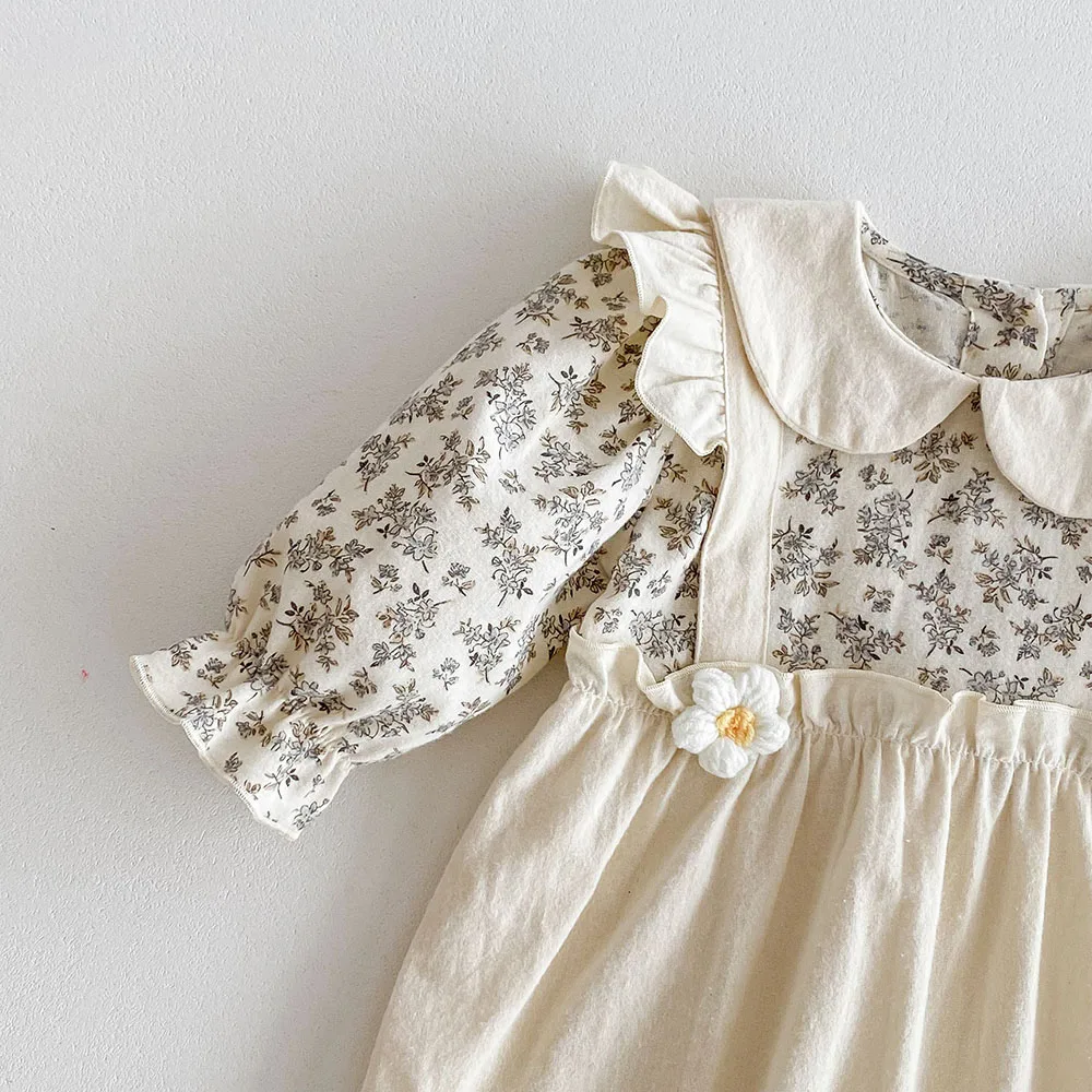 Color: Beige, Kid Size: 9M - 0-2Y Autumn Baby Girls Clothes Pure Cotton Infant Girls Rompers Floral Jumpsuits Peter Pan Collar Baby Outfit