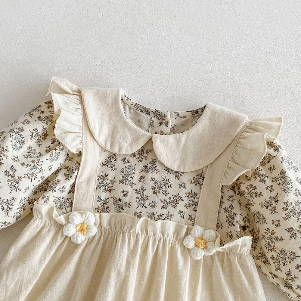 Color: Beige, Kid Size: 9M - 0-2Y Autumn Baby Girls Clothes Pure Cotton Infant Girls Rompers Floral Jumpsuits Peter Pan Collar Baby Outfit