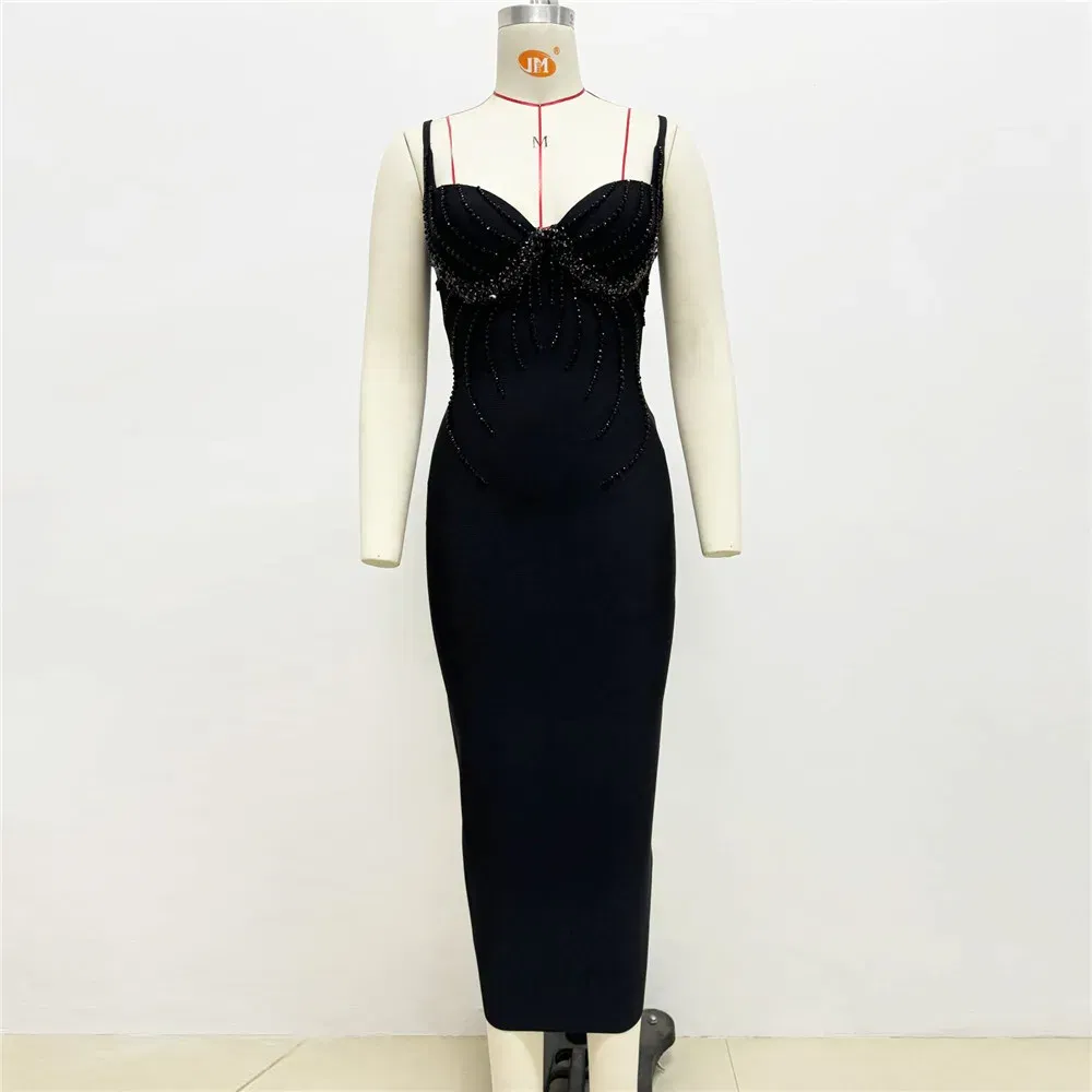 Color: black, Size: L - Women Sexy Beading Spaghetti Strap Bandage Dress Bodycon Clothes Club Party Celebrity Elegant Dresses