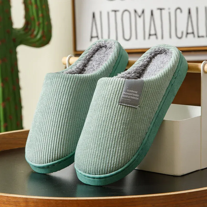 Color: Grass-Green, Shoe Size: 33 - New Winter Household Warm Furry Women Men Shoes Indoor Slippers Bedroom Cotton Slippers Plush Home Slippers Ladies Flip Flops