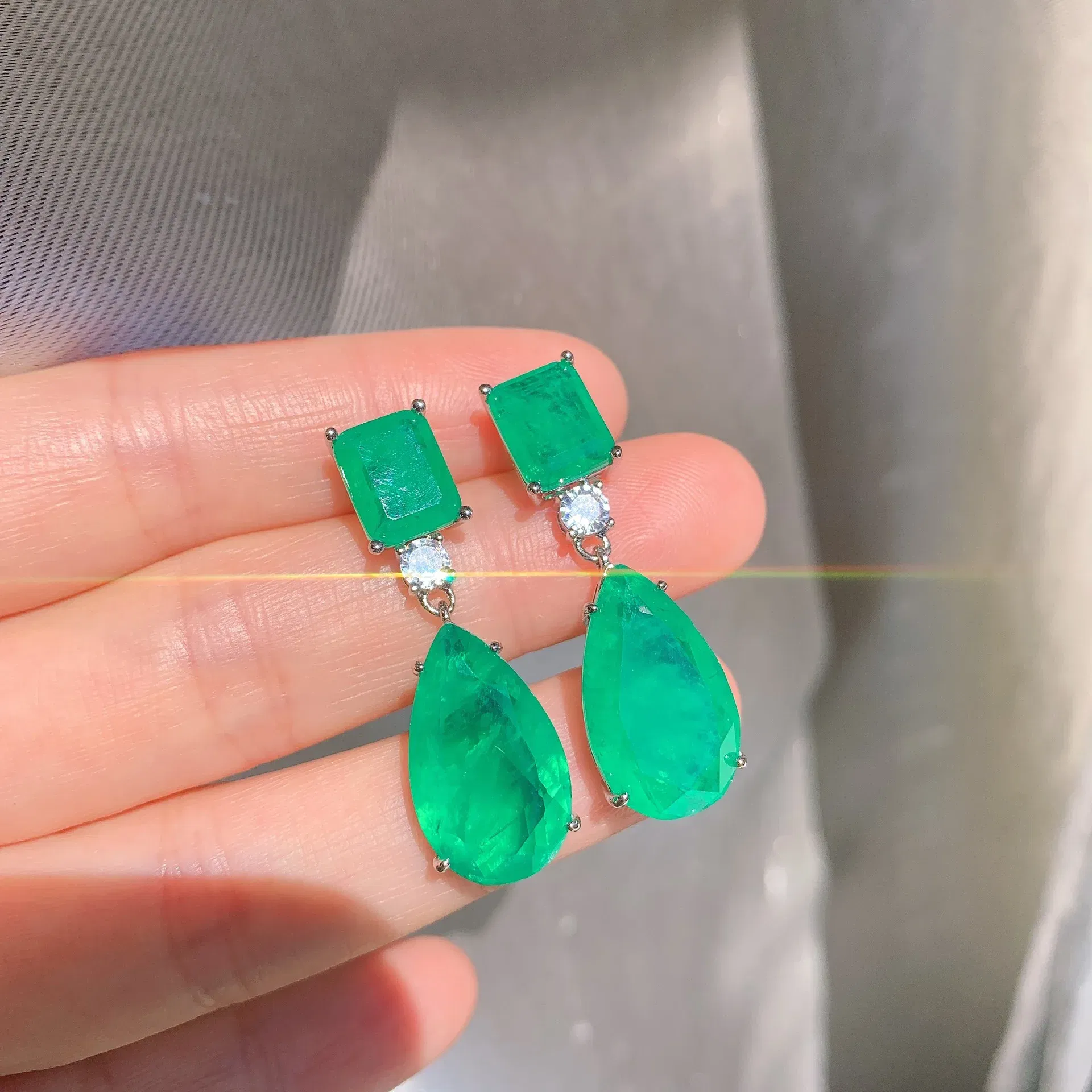 Gem Color: Green, Ships From: CHINA - JitDoo Paraiba Earrings Silver 925 for Women Tourmaline Emerald Big Drop Earrings Luxury Designer Fine Jewelry Christmas Gift