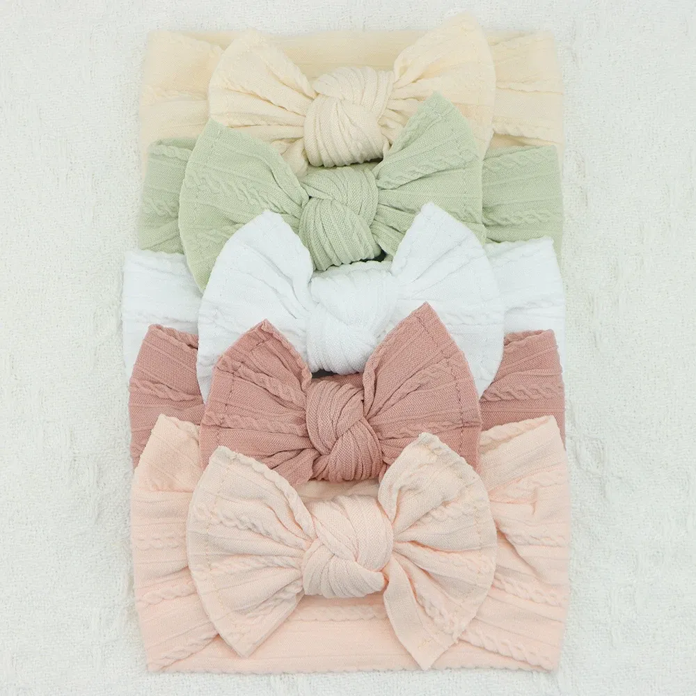 Color: WHITE - 5pcs/Lot Cable Knit Bow Baby Headbands Elastic Nylon Baby Girl Headband For Children Turban Newborn Infant Kids Hair Accessories