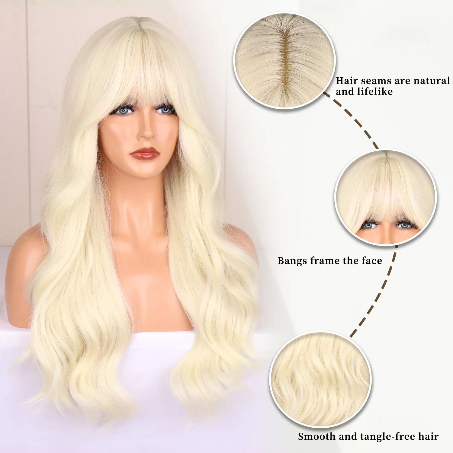 Color: T1B/Green - Blonde synthetic wig with straight bangs Ladies Cosplay wig High temperature silk wig set with big waves and long curly hair