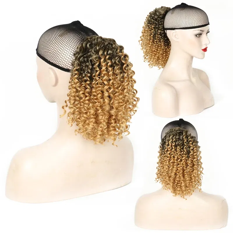 Color: T4/27/30 - Synthetic Drawstring Curly Ponytail Extension for African Women Short Afro Kinky Ponytail Extension