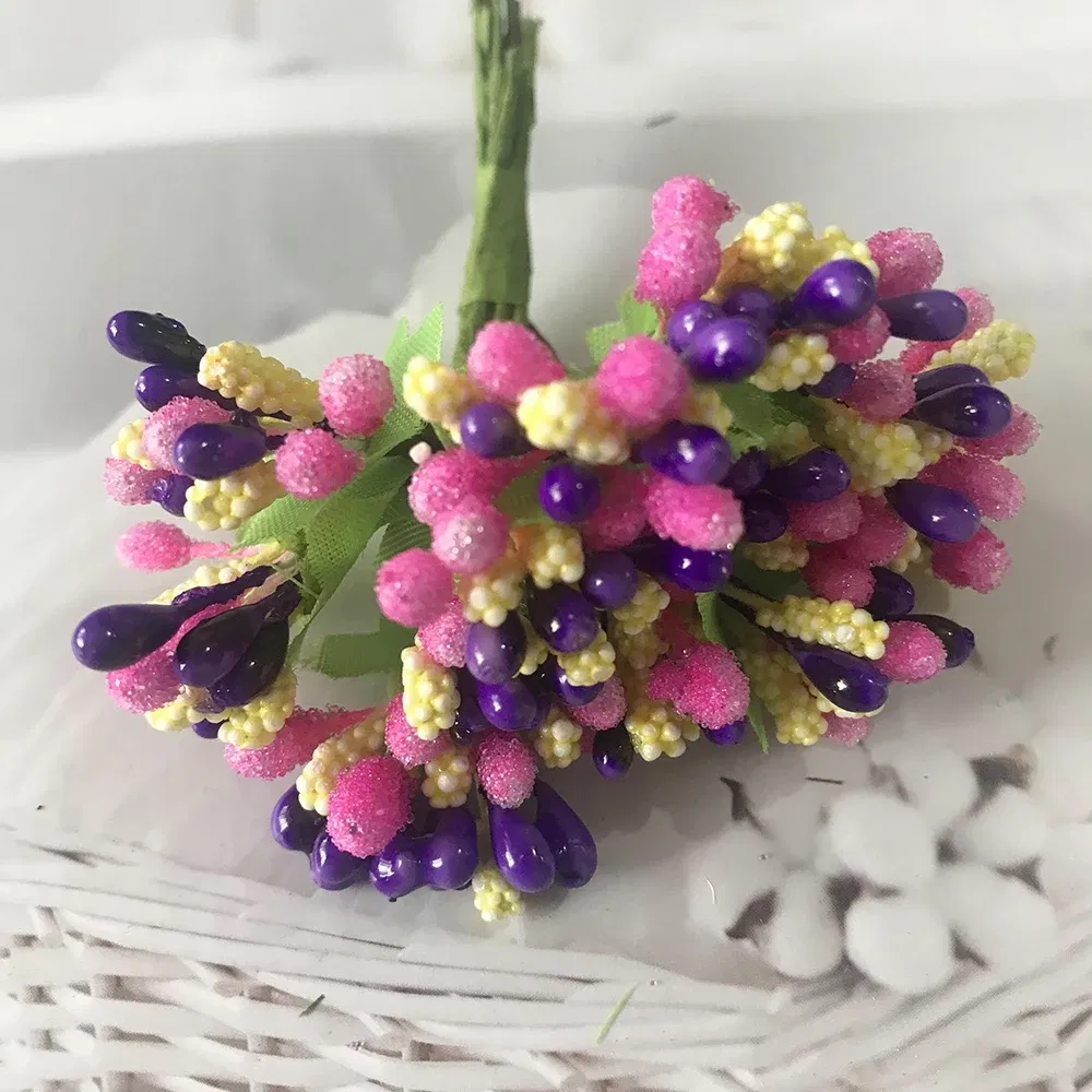 Color: VIOLET/?«?—?…° - 12PCS/lot Artificial Flower Small Berries Stamen Wire Stem/marriage Leaves DIY Wreath Wedding Scrapbooking Box Decoration Craft