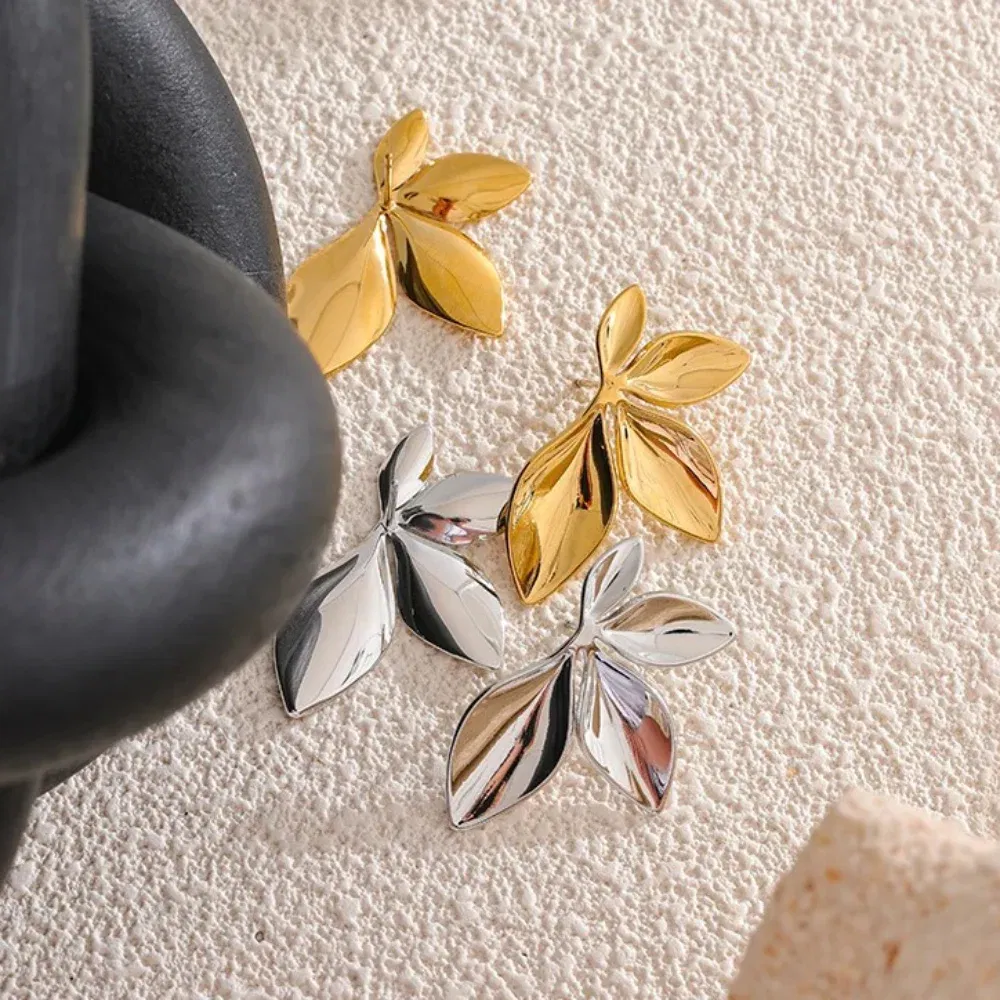 Metal Color: Gold-color - 1 pair 3.5?—2.2cm Leaves Stud Earrings Fashion Anti Allergy Flower Stud Earrings Texture Waterproof Stainless Steel Stud Earrings