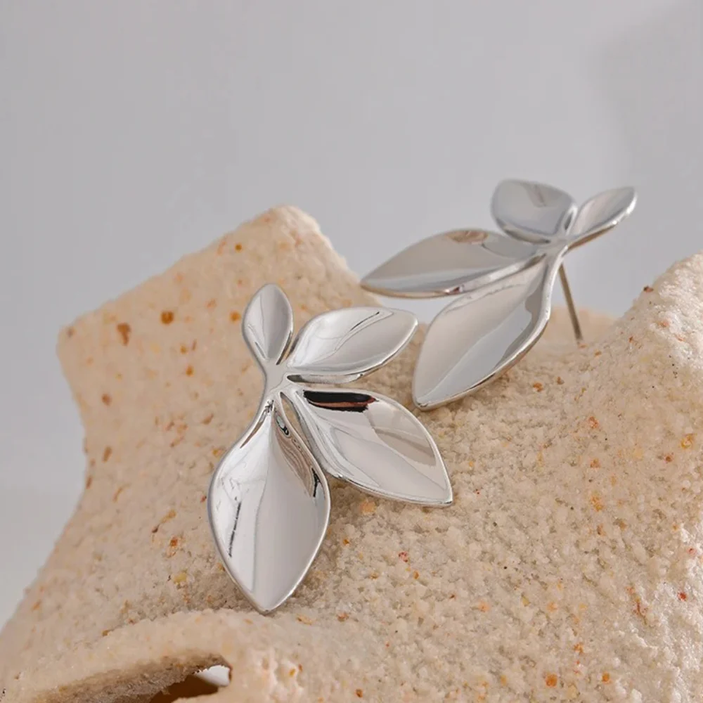 Metal Color: Gold-color - 1 pair 3.5?—2.2cm Leaves Stud Earrings Fashion Anti Allergy Flower Stud Earrings Texture Waterproof Stainless Steel Stud Earrings