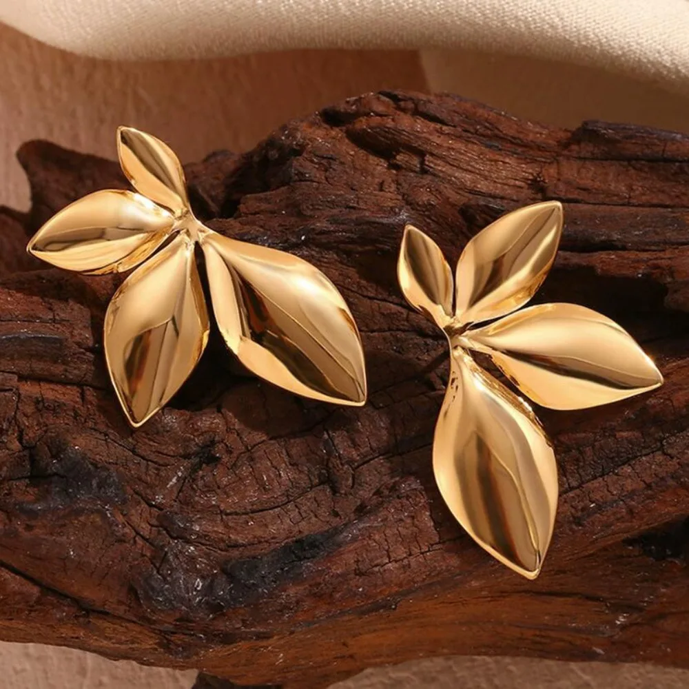 Metal Color: Gold-color - 1 pair 3.5?—2.2cm Leaves Stud Earrings Fashion Anti Allergy Flower Stud Earrings Texture Waterproof Stainless Steel Stud Earrings